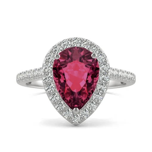 Pear-Shaped Lab Created Ruby & Moissanite Halo Ring In 14K White Gold