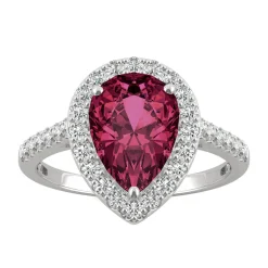 Pear-Shaped Lab Created Ruby & Moissanite Halo Ring In 14K White Gold