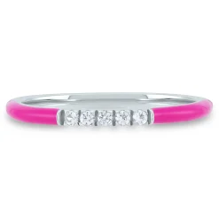 Pink Enamel And Lab Created White Sapphire Stack Ring In Sterling Silver