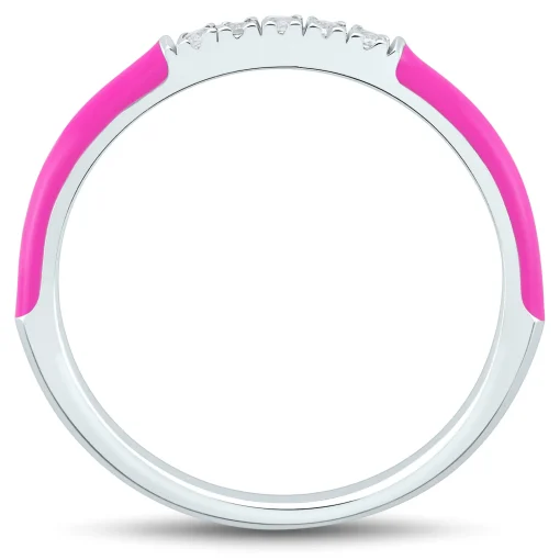 Pink Enamel And Lab Created White Sapphire Stack Ring In Sterling Silver