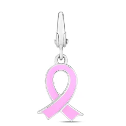 Pink Enamel Ribbon Charm In Sterling Silver