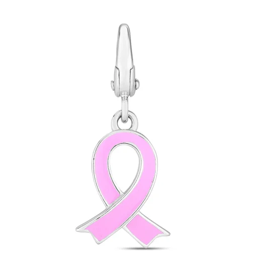 Pink Enamel Ribbon Charm In Sterling Silver
