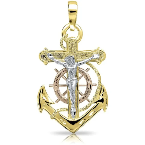 Polished Tricolor Crucifix & Anchor In 14K Gold