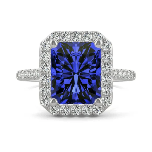 Radiant Cut Lab Created Blue Sapphire & Moissanite Ring In 14K White Gold