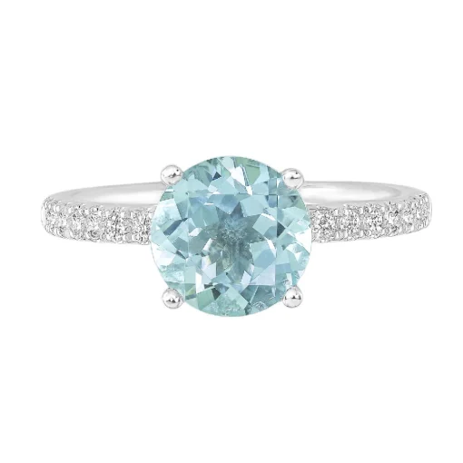 Round Aquamarine Ring With Diamond Band In 14K White Gold (1/3 Ct. Tw.)