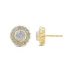 Round Diamond Cluster Stud Earrings With Scalloped Halo In 14K Yellow Gold (1/2 Ct. Tw.)
