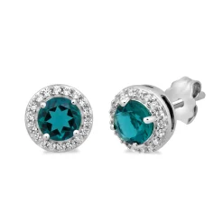 Round Lab Created Emerald & White Sapphire Stud Earrings In Sterling Silver