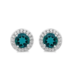 Round Lab Created Emerald & White Sapphire Stud Earrings In Sterling Silver