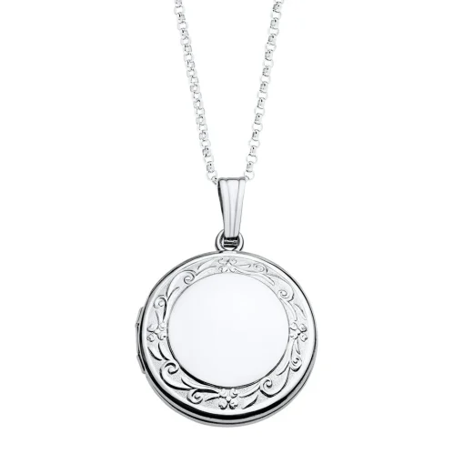 Round Locket With Floral Scroll Detail In Sterling Silver