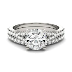 Round Moissanite Ring Set With Split-Shank Band In 14K White Gold (2 1/8 Ct. Tw.)
