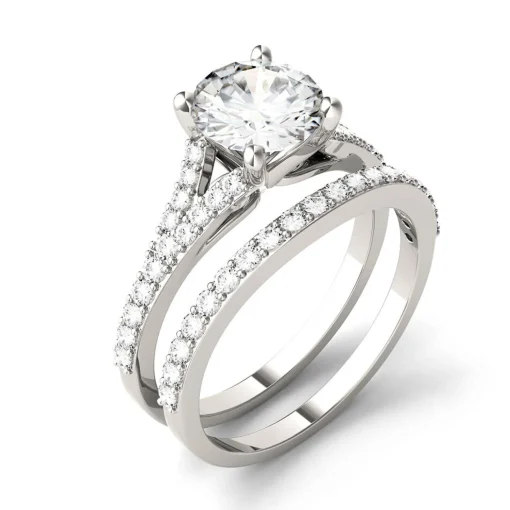 Round Moissanite Ring Set With Split-Shank Band In 14K White Gold (2 1/8 Ct. Tw.)