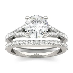 Round Moissanite Ring Set With Split-Shank Band In 14K White Gold (2 1/8 Ct. Tw.)
