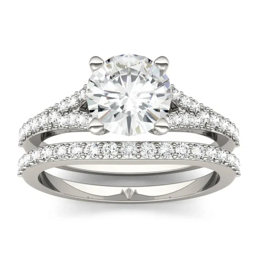Round Moissanite Ring Set With Split-Shank Band In 14K White Gold (2 1/8 Ct. Tw.)