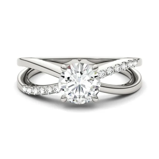 Round Moissanite Ring With Crisscross Band In 14K White Gold (1 1/8 Ct. Tw.)