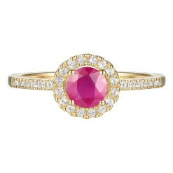 Round Ruby & Diamond Halo Ring In 10K Yellow Gold (1/7 Ct. Tw.)