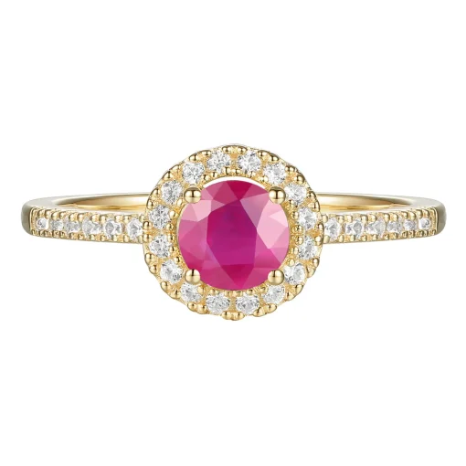 Round Ruby & Diamond Halo Ring In 10K Yellow Gold (1/7 Ct. Tw.)