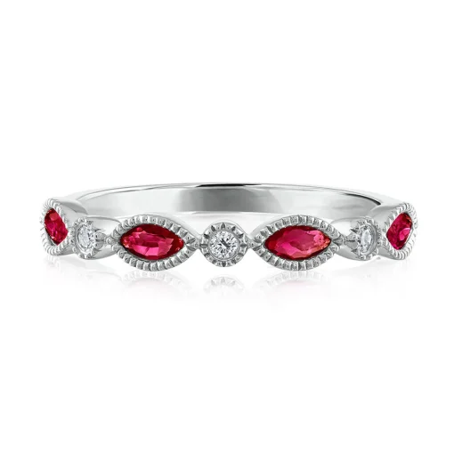 Ruby & Diamond Accent Stack Ring In 14K White Gold