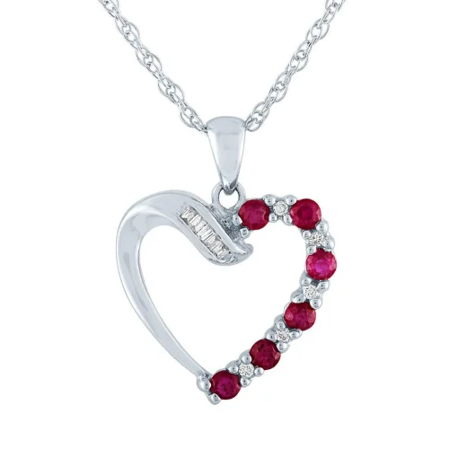 Ruby & Diamond Heart Pendant In 10K White Gold
