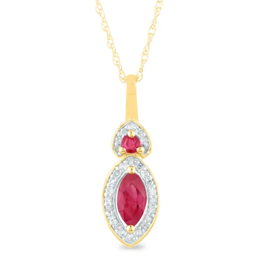 Ruby And Diamond Accent Marquise Halo Pendant In 10K Yellow Gold