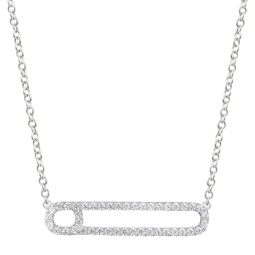 Safety Pin Necklace With Pave Diamonds In 10K White Gold (3/8 Ct. Tw.)