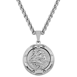 Saint Christopher Pendant With Diamond Accent In Stainless Steel, 24"