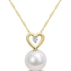 Single Pearl Necklace With Heart & Diamond Accent In 10K Yellow Gold