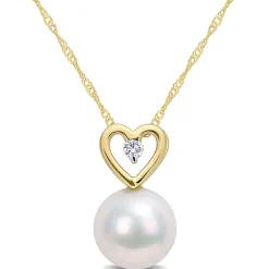 Single Pearl Necklace With Heart & Diamond Accent In 10K Yellow Gold