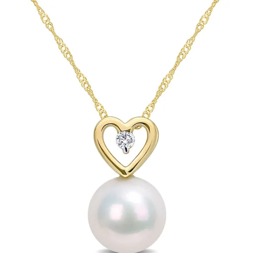 Single Pearl Necklace With Heart & Diamond Accent In 10K Yellow Gold