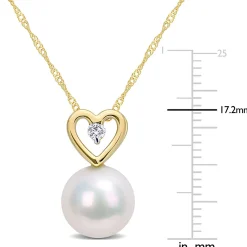 Single Pearl Necklace With Heart & Diamond Accent In 10K Yellow Gold