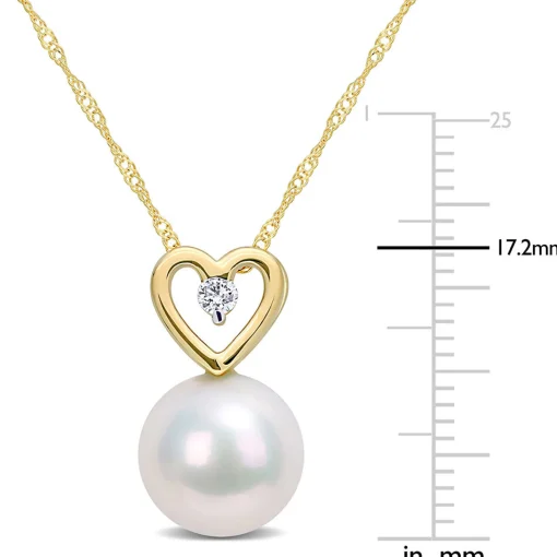 Single Pearl Necklace With Heart & Diamond Accent In 10K Yellow Gold