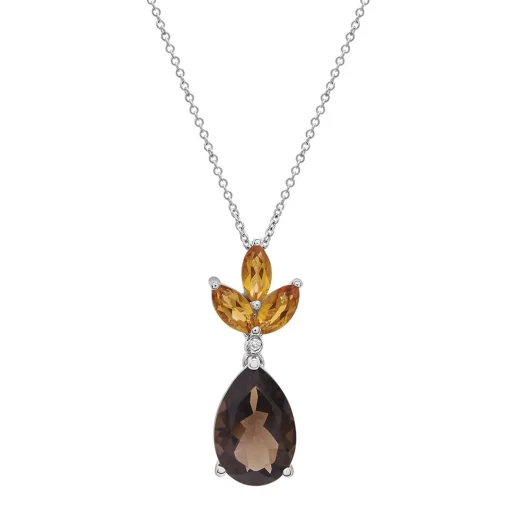 Smoky Quartz Pendant With Citrine & Diamond Accent In Sterling Silver