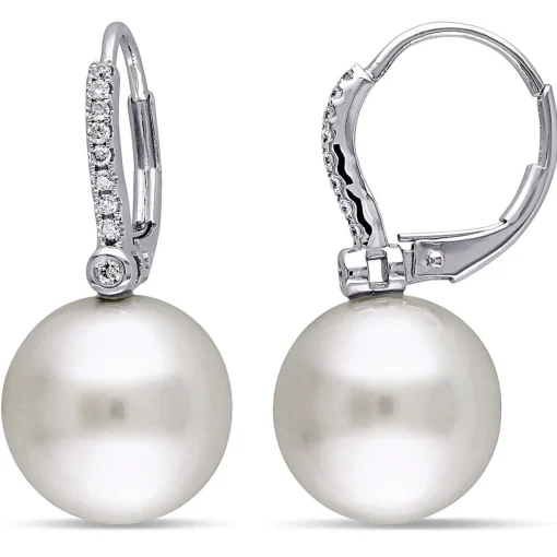 South Sea Pearl & 1/8 Ct. Tw. Diamond Drop Earrings In 14K White Gold