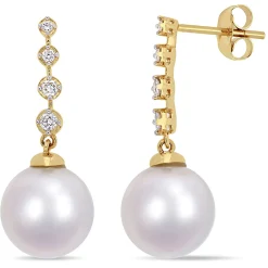 South Sea Pearl Earrings With Diamond Drop In 14K Yellow Gold (1/7 Ct. Tw.)
