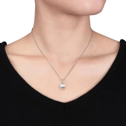 South Sea Single Pearl Necklace With Diamond Accent In 14K White Gold, 9-10Mm