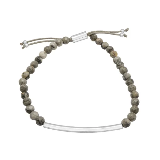 Sterling Silver Bar And Picasso Jasper Bead Bracelet With Adjustable Cord, 8.5"