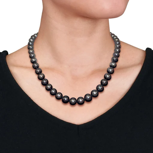 Tahitian Black Pearl Necklace In 14K White Gold, 8-10Mm, 18"