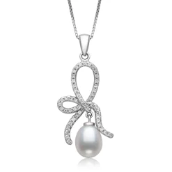 Teardrop Cultured Freshwater Pearl And Lab Created White Sapphire Pendant In Sterling Silver