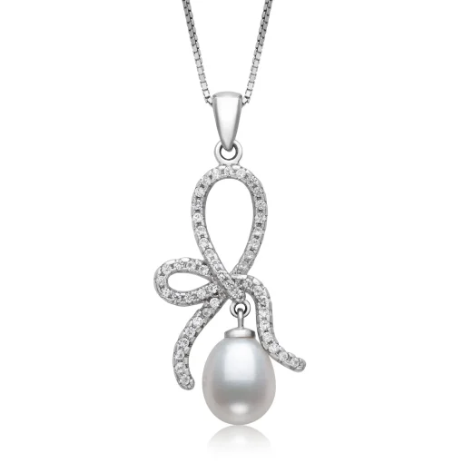 Teardrop Cultured Freshwater Pearl And Lab Created White Sapphire Pendant In Sterling Silver