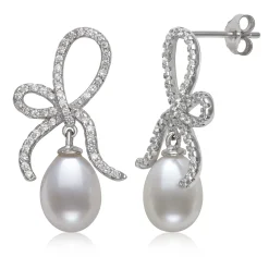Teardrop Cultured Freshwater Pearl And Lab Created White Sapphire Earrings In Sterling Silver