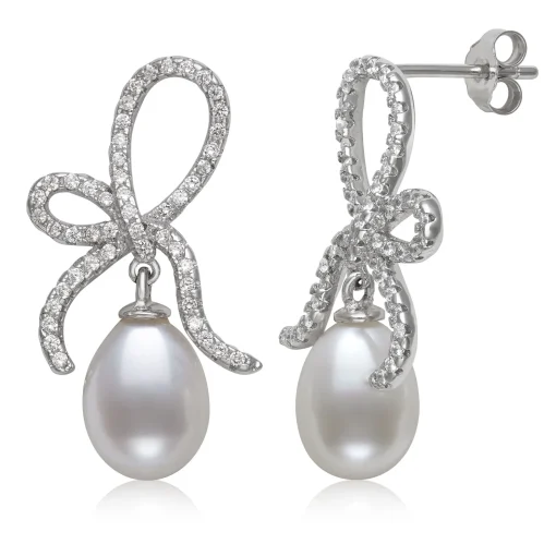 Teardrop Cultured Freshwater Pearl And Lab Created White Sapphire Earrings In Sterling Silver