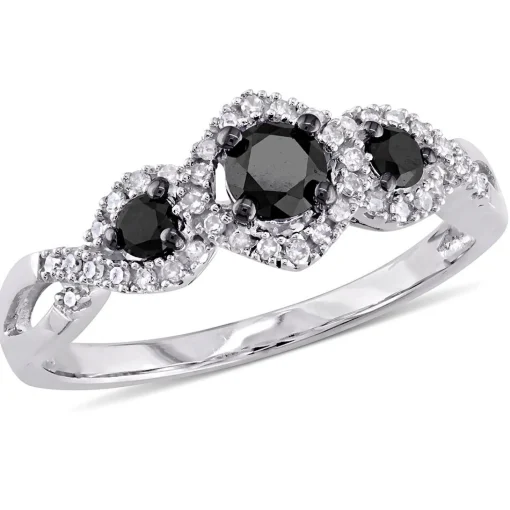 Three-Stone Ring With Black & White Diamonds In 10K White Gold (1/2 Ct. Tw.)