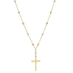 Tricolor Bead Cross Necklace In 14K Gold