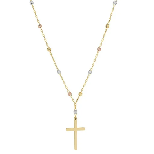 Tricolor Bead Cross Necklace In 14K Gold