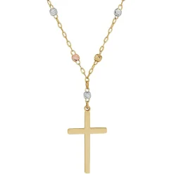 Tricolor Bead Cross Necklace In 14K Gold