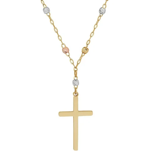 Tricolor Bead Cross Necklace In 14K Gold