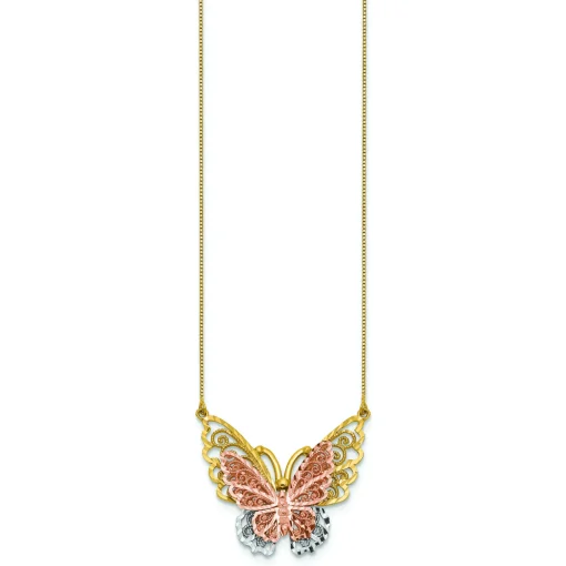 Tricolor Butterfly Necklace In 14K Gold