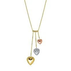 Tricolor Graduated Dangle Hearts Necklace In 14K Gold