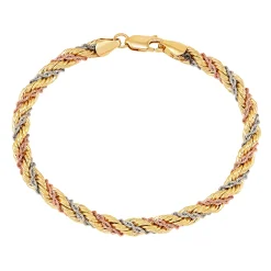Tri-Tone Twisted Rope Chain Bracelet In 10K White, Rose And Yellow Gold