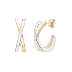 Two-Tone Open Huggie Hoop 'X' Earrings In Sterling Silver And Vermeil, 15Mm